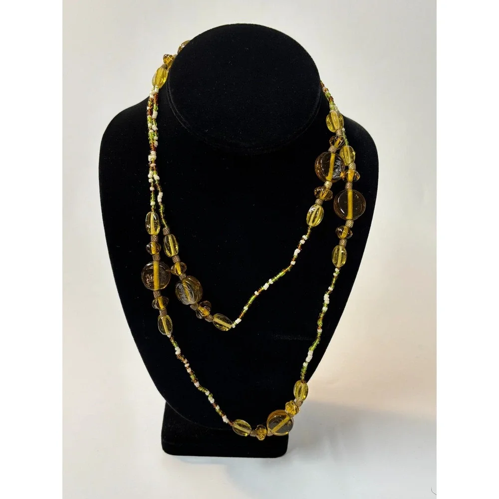 Necklace Amber Color Art Glass Beads Long for Layering‎ Boho